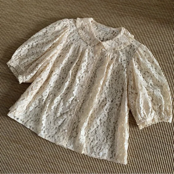Doen Lenore Lace Collar Button Ruffle Short Sleeve Top Mother of Pearl Cream Tan - Picture 8 of 13